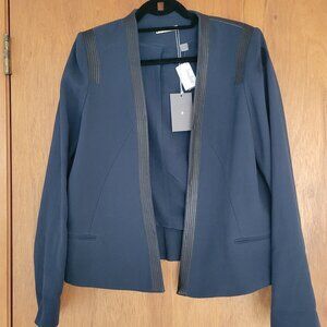 NWT FOUNDRAE Navy Blue Open Blazer Jacket w/ Genuine Lamb Leather Trim | Size 12